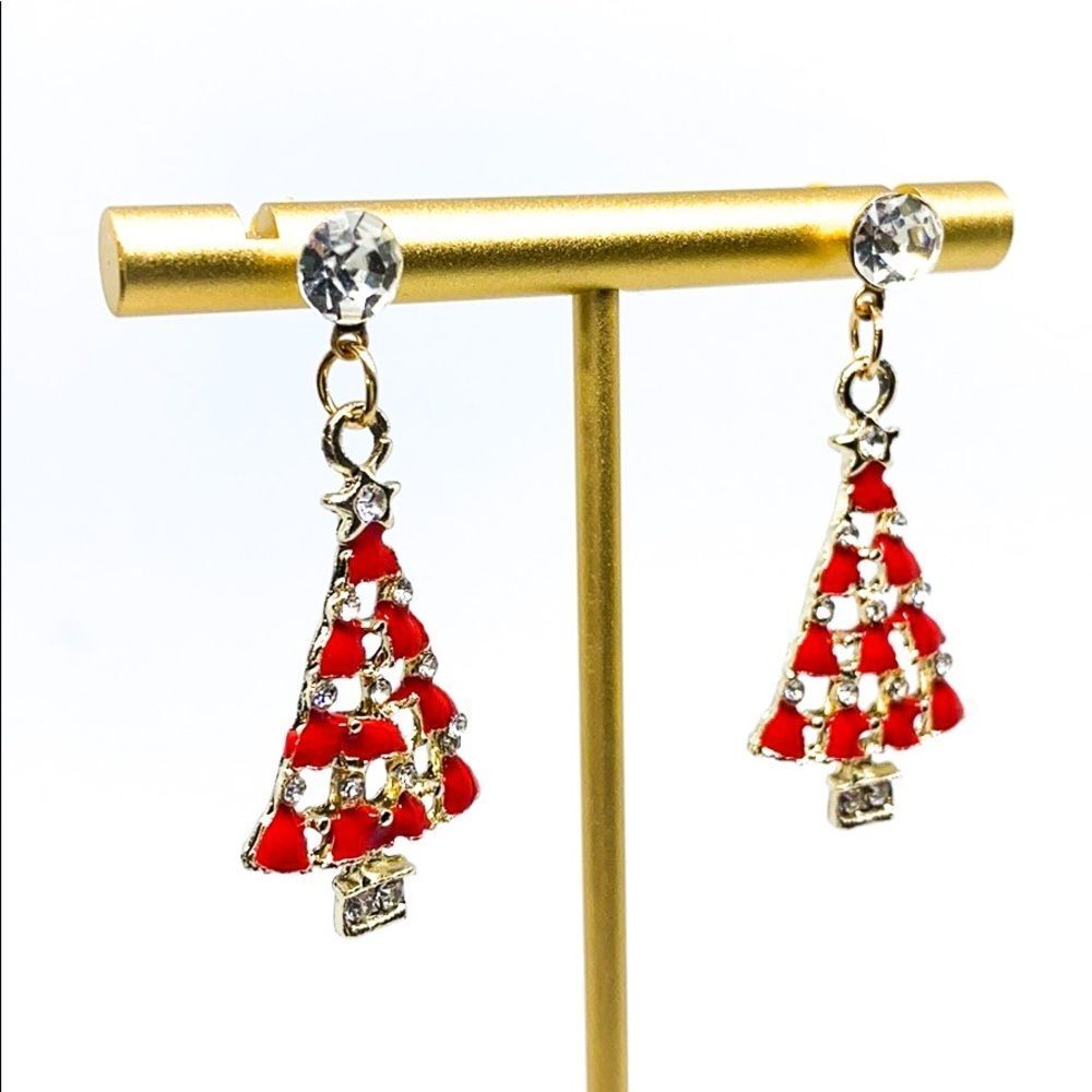 Christmas Tree Red Gold Enamel Rhinestone Earring - Picture 5 of 6